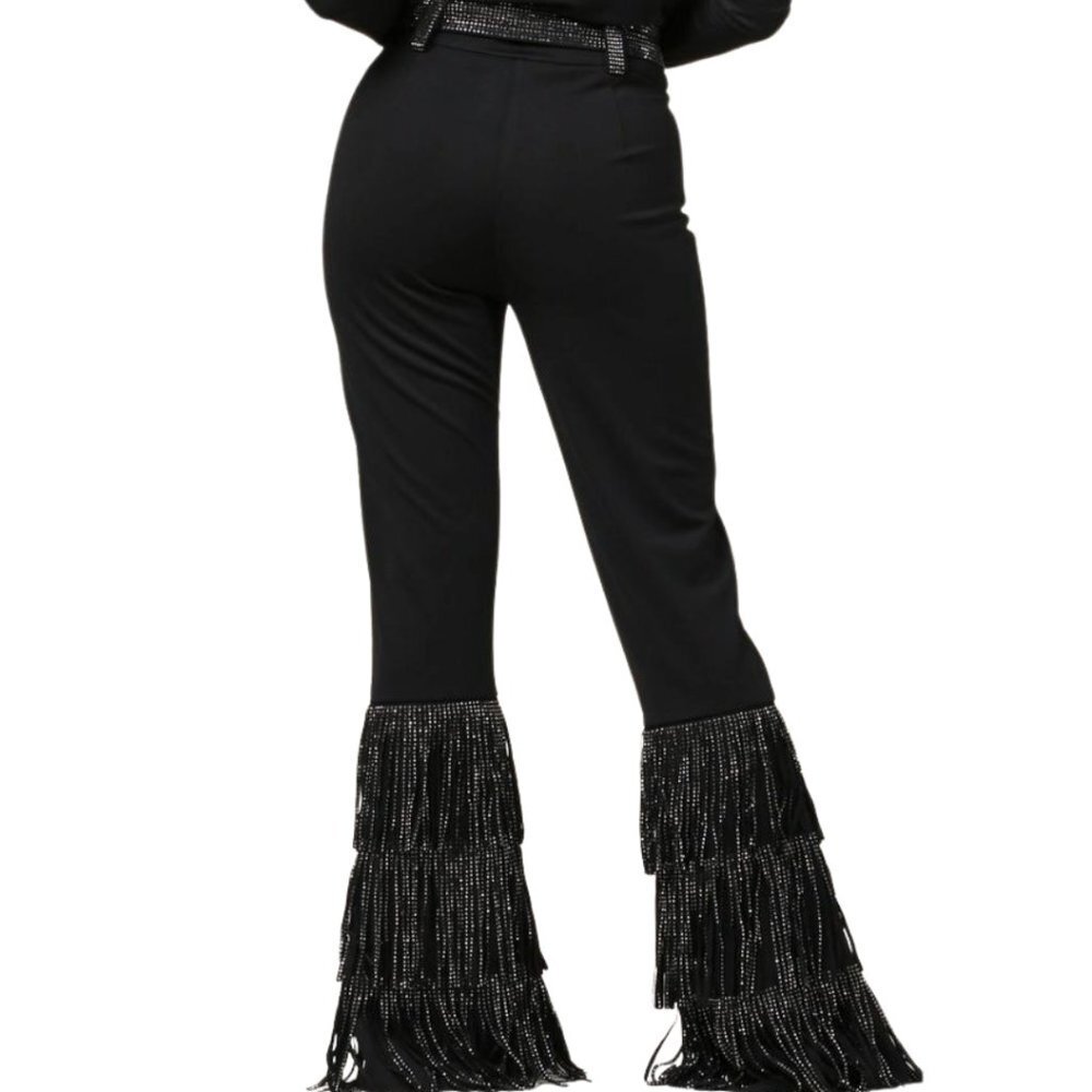 NYLON APPAREL Silver Sparkle Studded Fringe High Waist Western Cha Cha Pants NWT - Picture 4 of 13